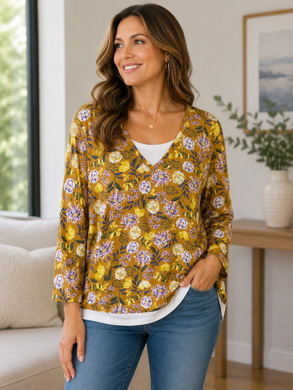 Isaac Mizrahi Live Women’s 2X Mustard Floral V Neck Layered 3/4 Sleeve Top